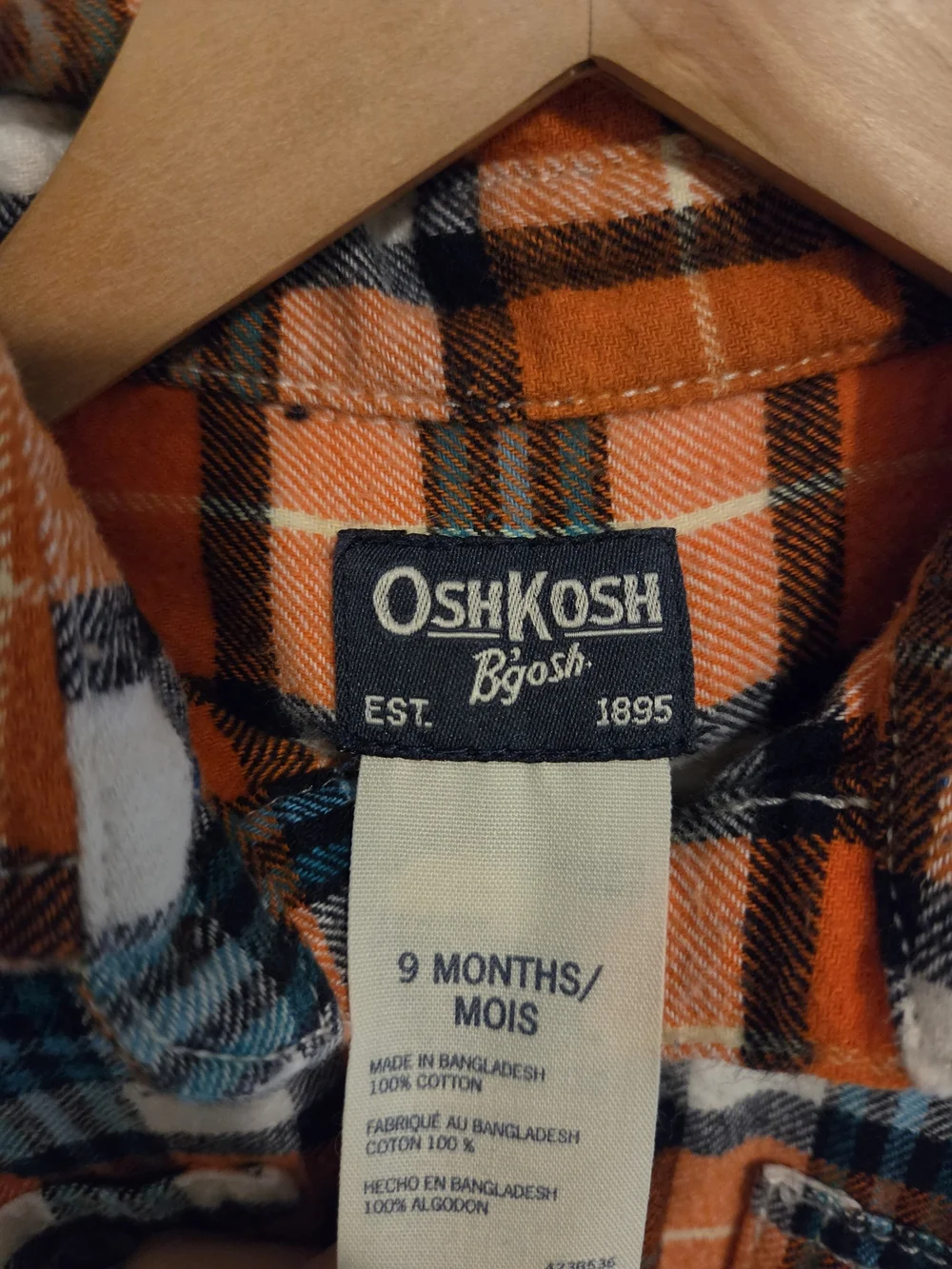 OshKosh B'gosh Baby Boy 9M Orange Navy Plaid Button-Front Onesie Shirt